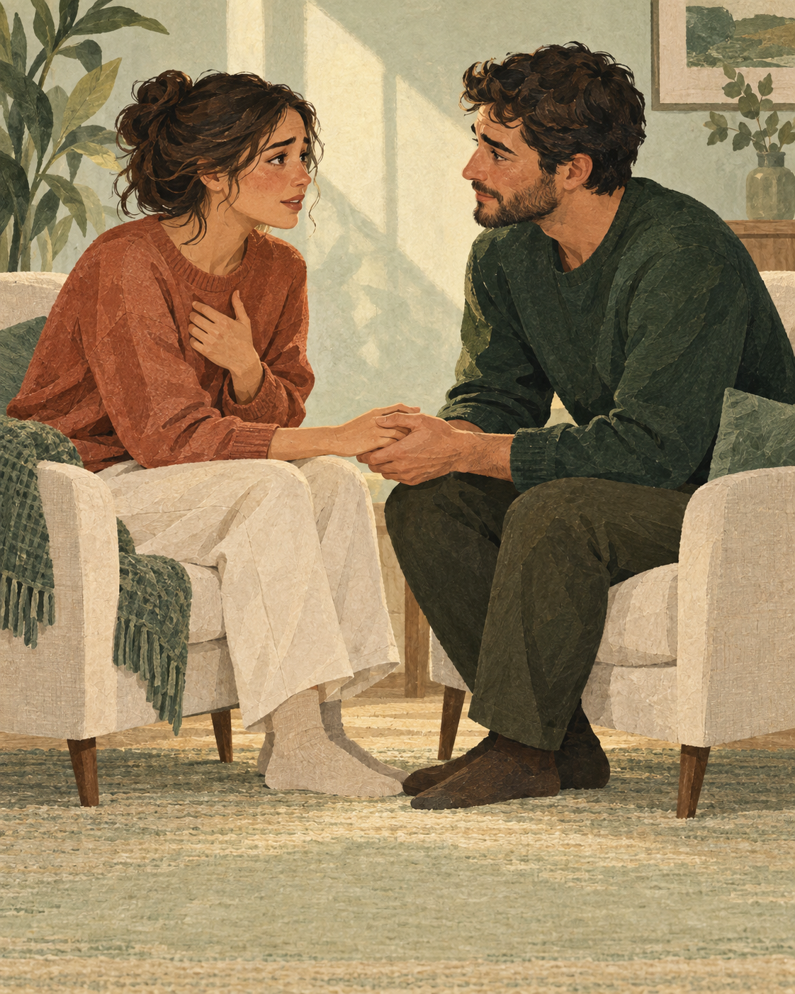 One partner opens up while the other listens and gently holds their hand.